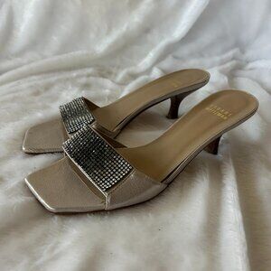 Stuart Weitzman Kitten Heel Slides Womens 6.5 Silver Rhinestones Italy VTG